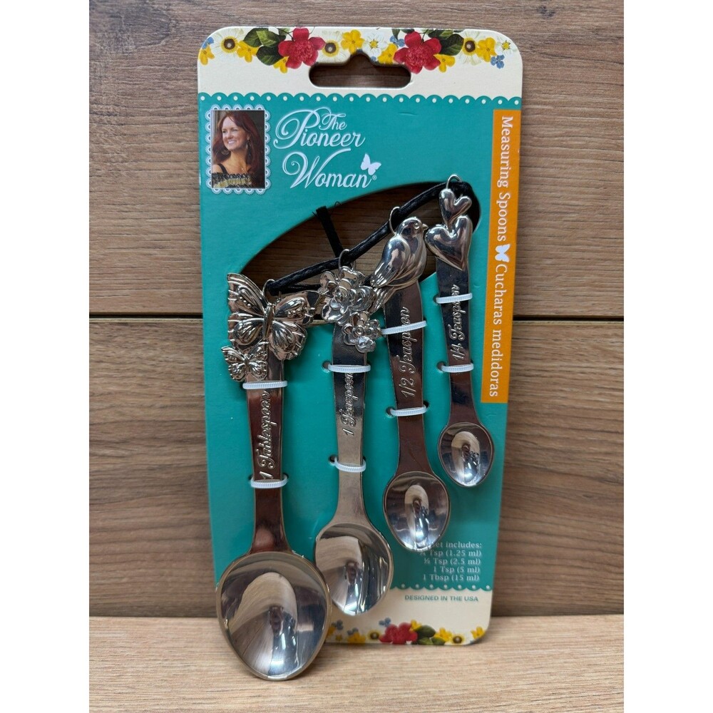 Pioneer Woman Metal Measuring Spoons 4pc Butterfly Bird Floral Hearts - New!